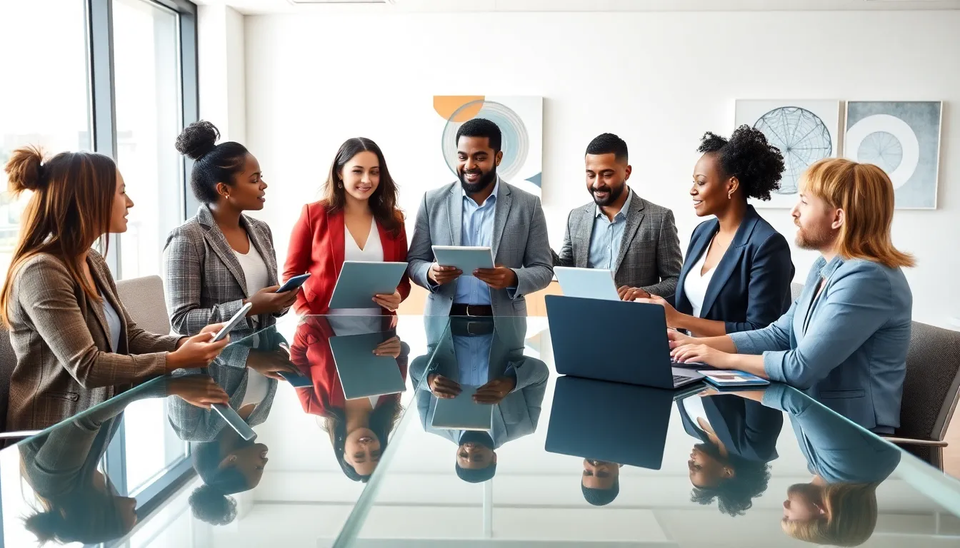 diverse professionals collaborating in a modern conference room.