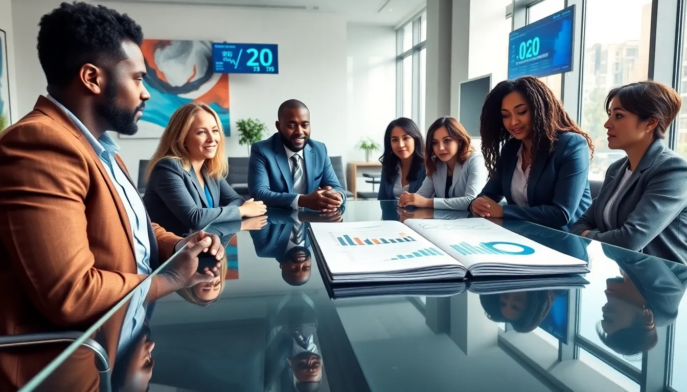 diverse team collaborating on financial budgeting in a modern office.