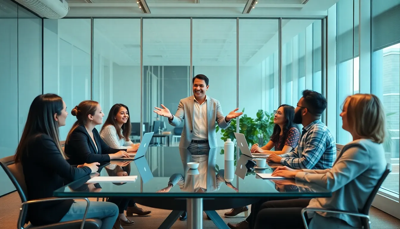 Diverse team discussing in a bright, positive office setting.