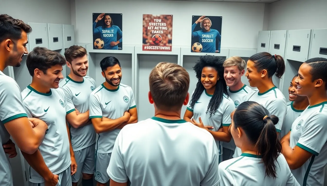 Ted Lasso coaching players in a supportive locker room setting.