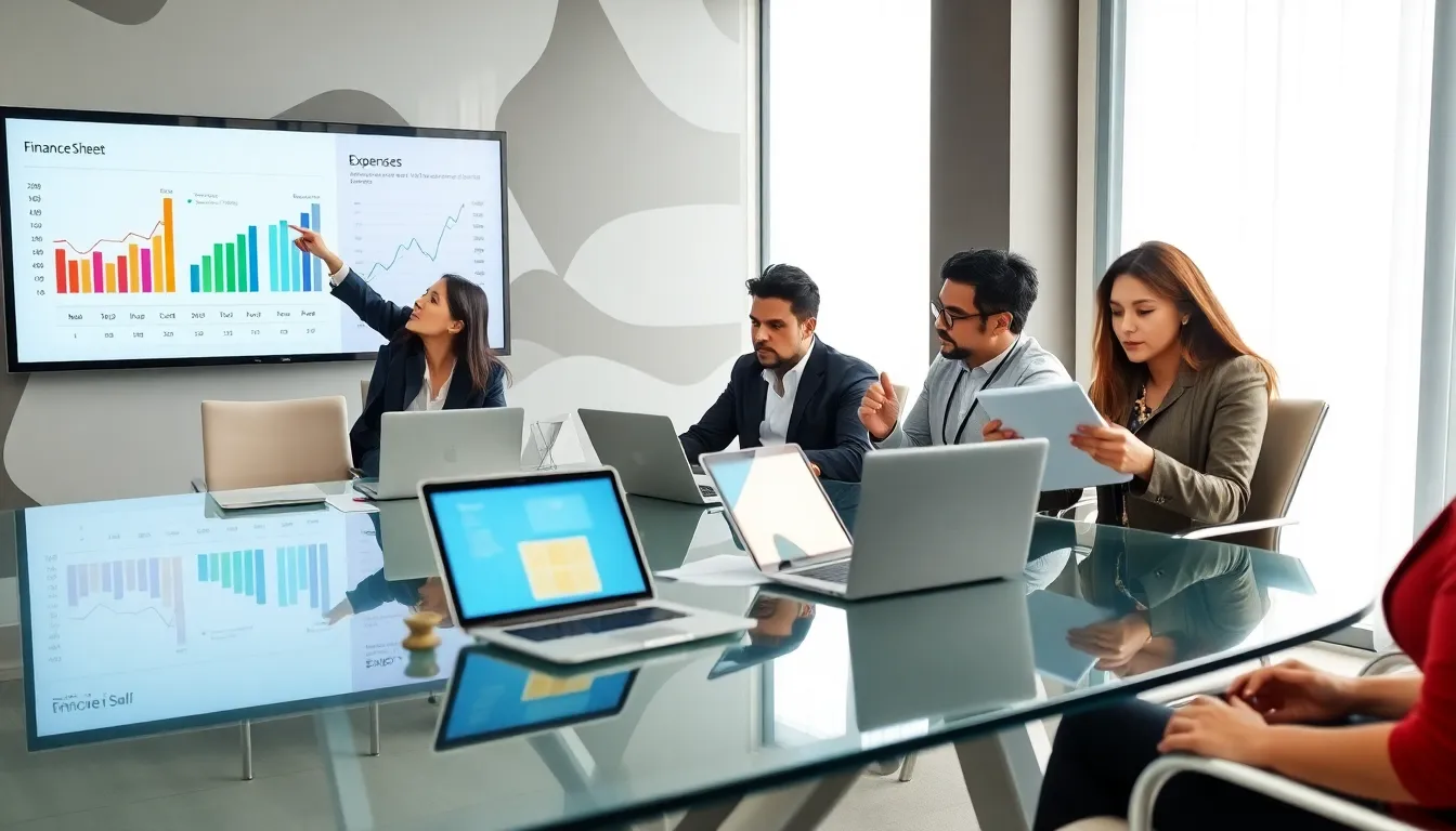 diverse team reviewing financial documents and discussing expenses in a modern office.