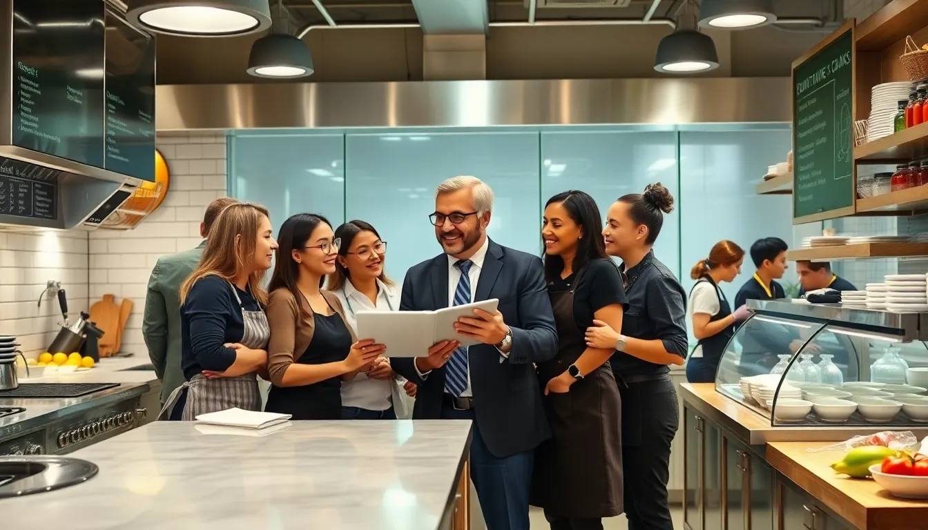 diverse leadership team collaborating in a modern restaurant kitchen.