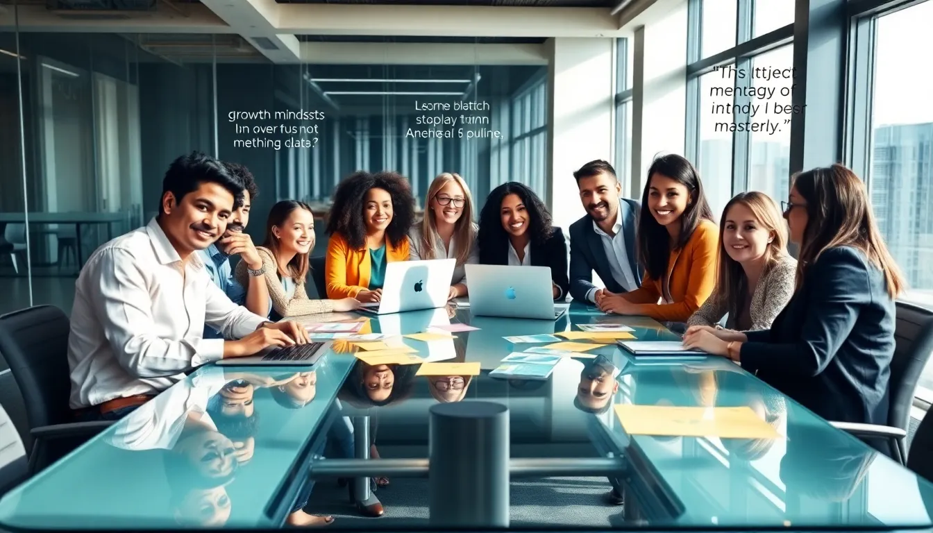 diverse professionals discussing mindset mastery in a modern office.