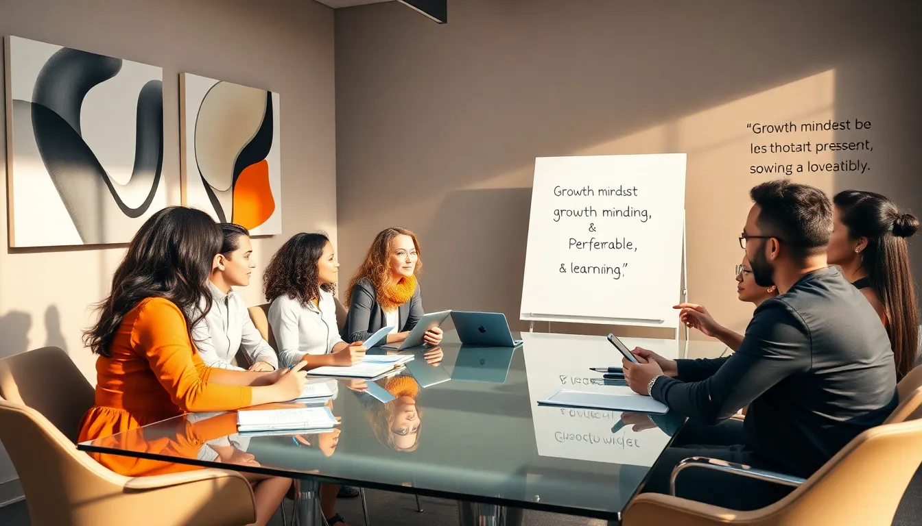diverse team brainstorming growth mindset statements in a modern office.