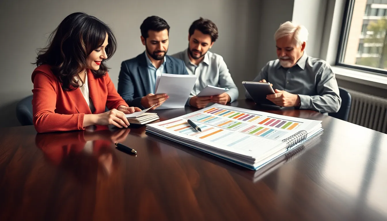 a diverse group discussing a bill organizer in a modern office.