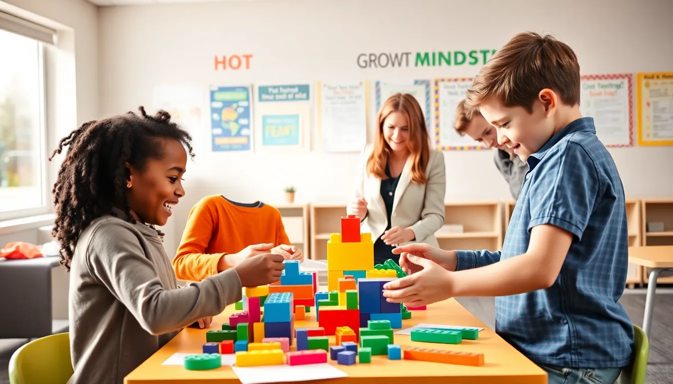 children engaged in growth mindset activities in a bright classroom.