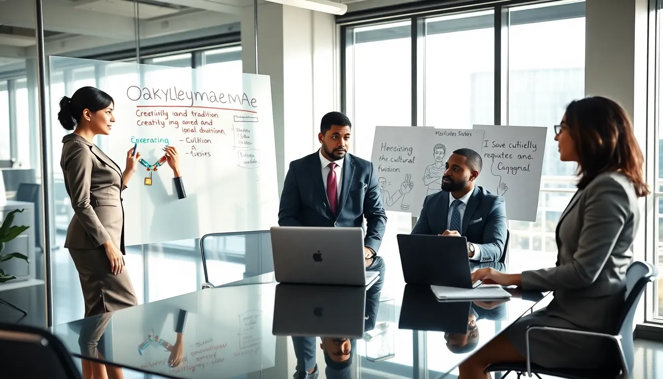 diverse professionals discussing the concept of Oakyleymaemae in a modern office.